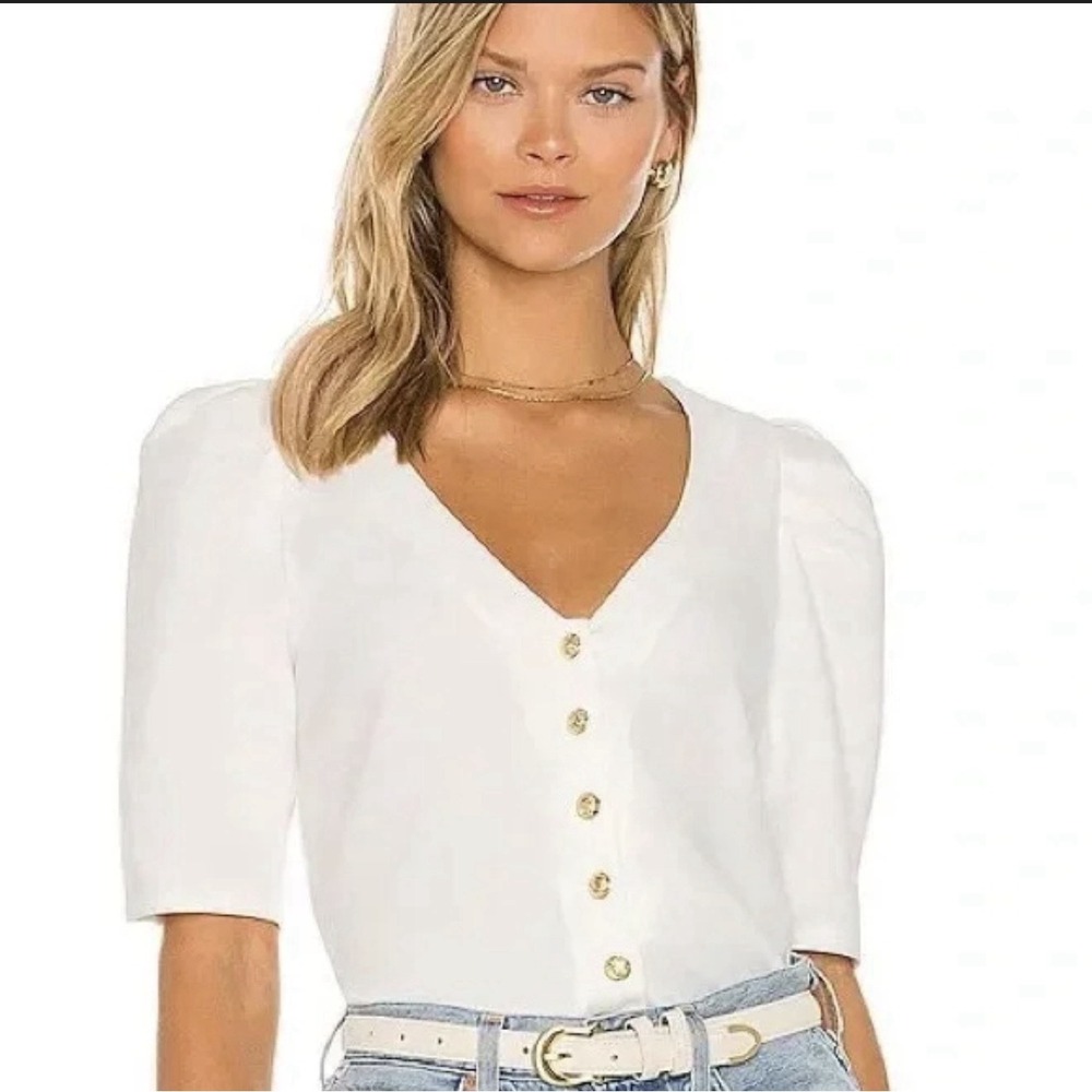 Amanda Uprichard White Button-Down Puff Sleeve Top